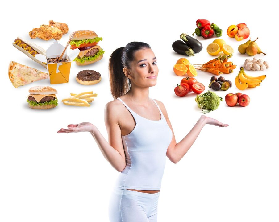 elección entre alimentos saudables e pouco saudables
